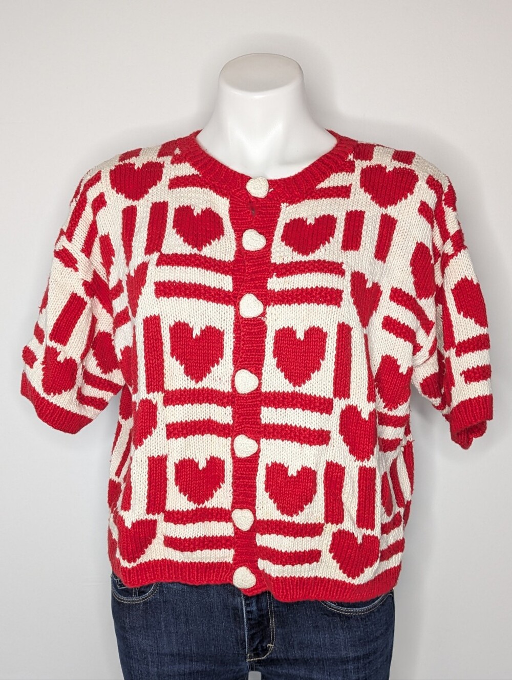Vintage Marisa Christina Red White Valentine Love Heart Knit Cardigan Sweater L